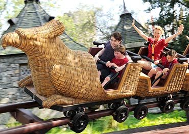 Daniel Radcliffe rides the Flight of the Hippogriff attraction at Universal Orlando Resort in Florida