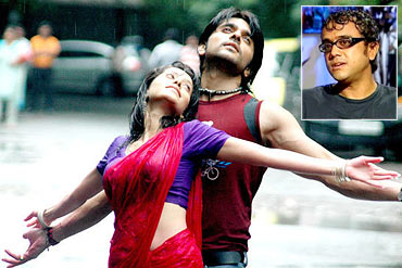 A scene from Love Sex Aur Dhokha with an inset of Dibakar Banerjee