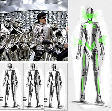 Sketches of the costumes and a scene from Endhiran