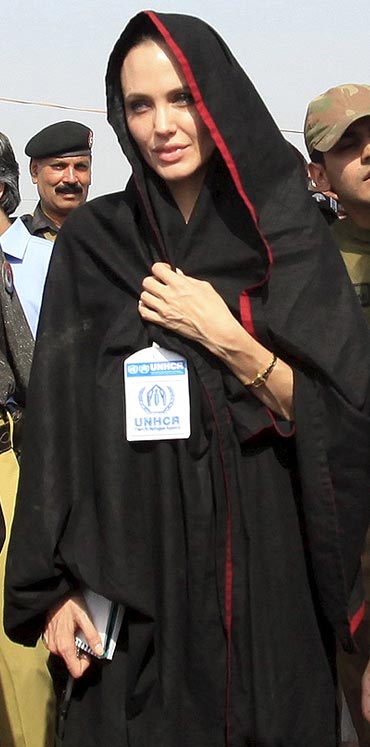 Angelina Jolie arrives at the Jalozai flood victim relief camp during her visit to flood affected areas and relief camps, in Pakistan's northwest Khyber-Pakhtunkhwa Province.