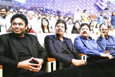 At the audio launch of Enthiran (Robot 2010) with director S Shankar, Kalanithi Maran and Rajnikanth