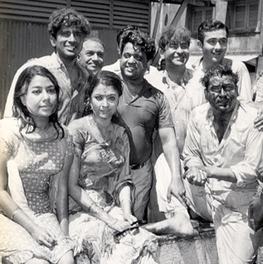 Raj Kapoor, Randhir Kapoor and Shammi Kapoor with friends, during Holi