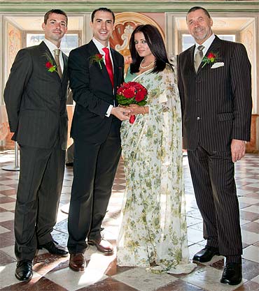 Celina Jaitley-Peter Haag with her father-in-law and brother-in-law