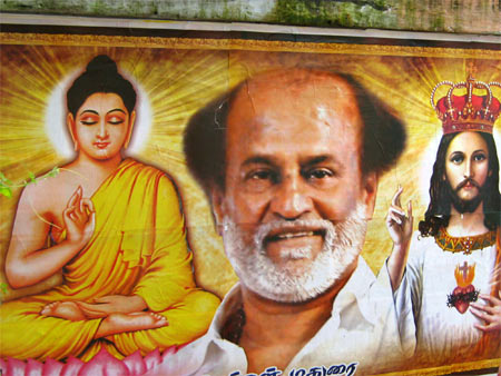A poster of Rajnikanth with Buddha and Jesus