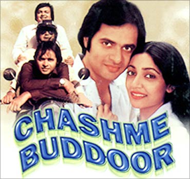 Rakesh Bedi, Ravi Baswani, Farooque Shaikh and Deepti Naval in the film poster of Chashm-e-Buddoor