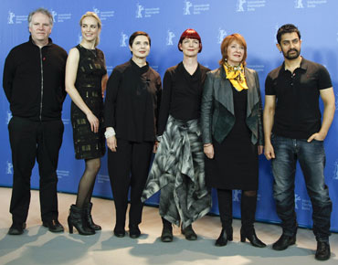 Members of the jury (left to right) Guy Maddin, Nina Hoss, Isabella Rossellini, Sandy Powell, Jan Chapman and Aamir Khan pose during a photocall
