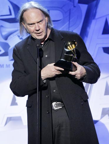 Neil Young accepts his award for Best Rock Song for Angry World