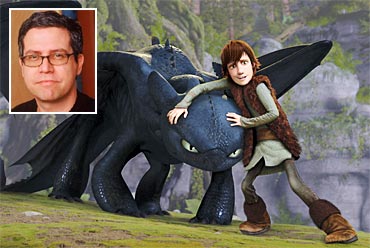 A scene from How to Train A Dragon, inset John Powell