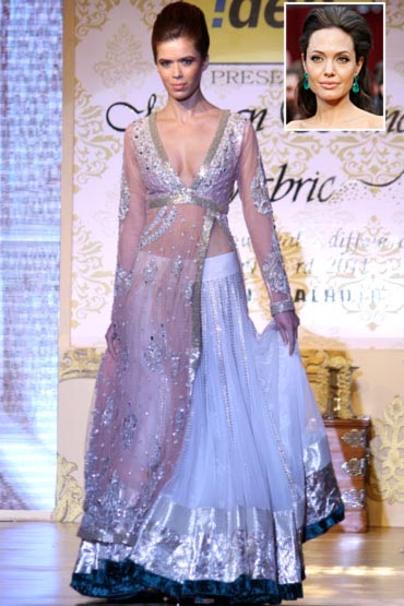 A model in Manish Malhotra's creation, and an inset of Angelina Jolie