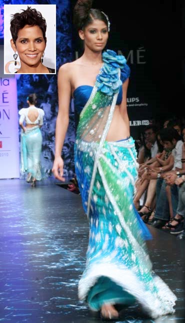Model Nicole Faria showcases a creation by Neeta Lulla , and an inset of Halle Berry