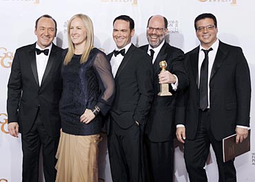 From left to right: The Social Network executive producer Kevin Spacey, producers Cean Chaffin, Dana Brunetti, Scott Rudin, and Michael De Luca