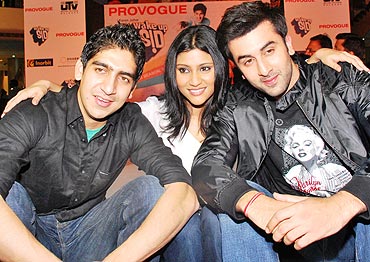 Ranbir with his Wake Up Sid director Ayaan Mukherjee and Konkona Sen Sharma