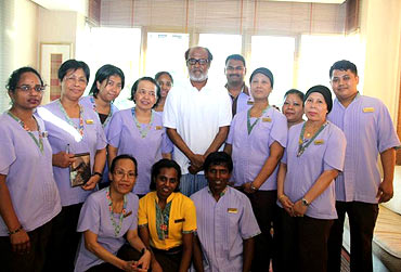 Rajnikanth with the staff of Mount Elizabeth Hospital, Singapore