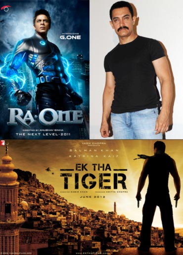 Movie posters of Ra.One, Ek Tha Tiger and Aamir Khan