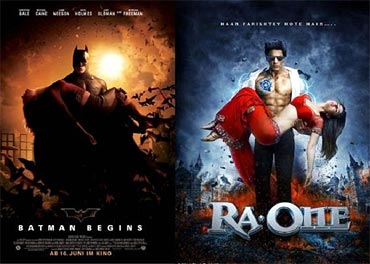 A poster of Batman Begins and Ra.One