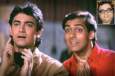 A still from Andaz Apna Apna. Inset: Rajkumar Santoshi