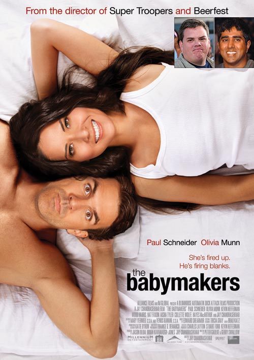Movie poster of The Babymakers. Inset: Heffernan Kevin and Jay Chandrasekhar