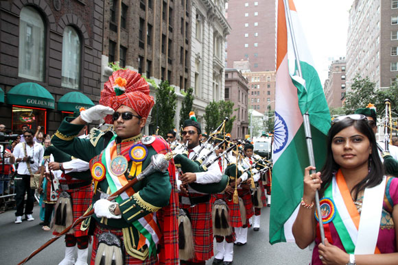 Swamibapa Pipe band performs on India Day Parade