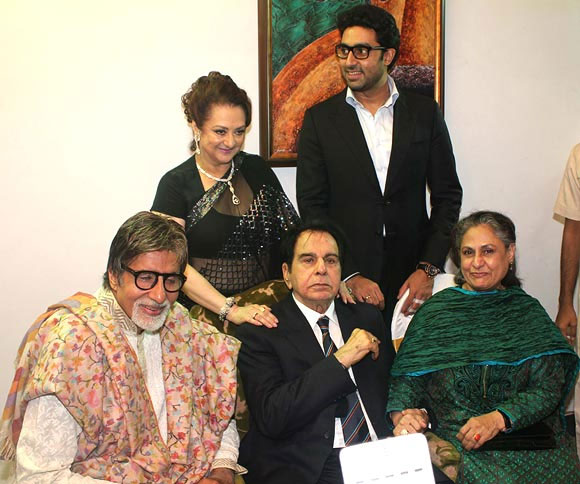 Dilip Kumar and Saira Banu with Amitabh, Jaya and Abhishek Bachchan on his 89th birthday last year