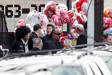 Stevie Wonder leaves the funeral service for Whitney Houston