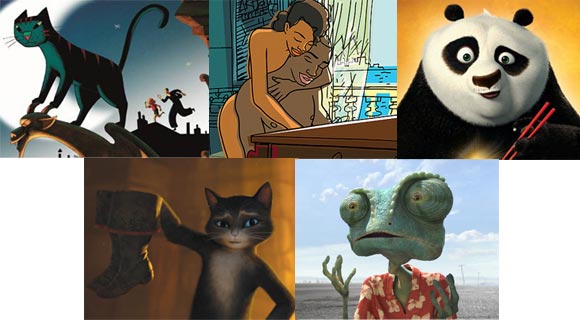 Top: A Cat in Paris, Chico and Rita, Kung Fu Panda 2. Bottom: Puss in Boots and Rango