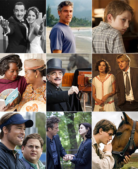 The Artist, The Descendants, Extremely Loud & Incredibly Close, The Help, Hugo, Midnight in Paris, Moneyball, The Tree of Life, War Horse
