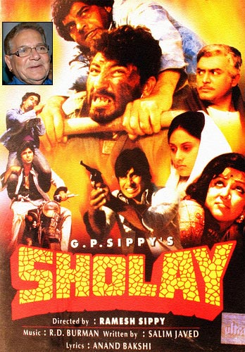 Movie poster of Sholay. Inset: Salim Khan