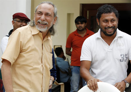 N K Sharma and Shoojit Sircar on the sets of Vicky Donor