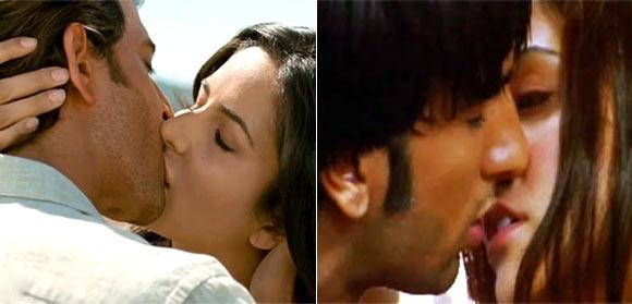 Katrina Kaif and Hrithik Roshan in Zindagi Na Milegi Dobara. Right: Anushka Sharma and Ranveer Singh in Band Baaja Baraat