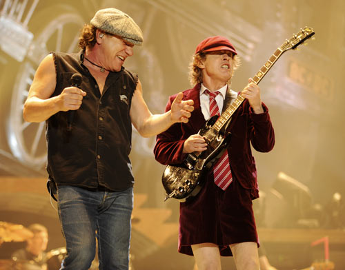Malcolm Young (L) and Angus Young of AC/DC perform on stage