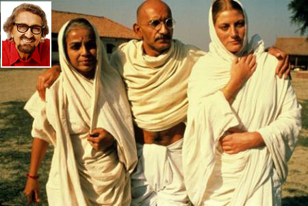 Ben Kingsley (Gandhi) flanked by Rohini Hattangady (Kasturba) and Geraldine James (Miraben). Inset: Alyque Padamsee