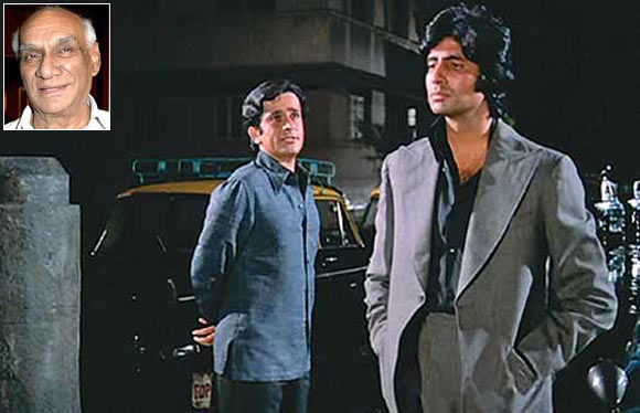 Shashi Kapoor and Amitabh Bachchan in Deewar. Inset: Yash Chopra