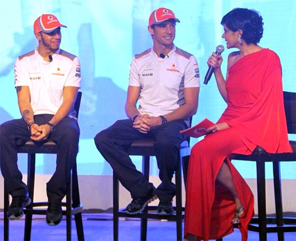 Lewis Hamilton, Jenson Button and Mandira Bedi