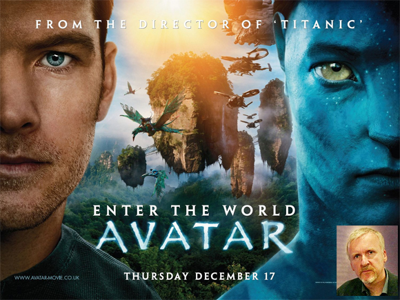 Movie poster of Avatar. Inset: James Cameron
