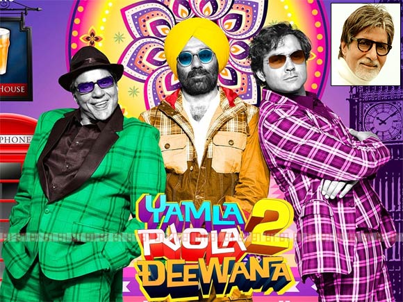 Movie poster of Yamla Pagla Deewana 2. Inset: Amitabh Bachchan