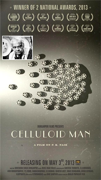 Movie poster of Celluloid Man. Inset: P K Nair