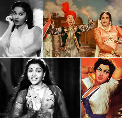 Clockwise: Waheeda Rehman in CID, Babita and Biswajeet in Kismet, Shyama in Aar Paar and Vyjayantimala in Bahar