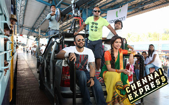 Rohit Shetty and Deepika Padukone on the sets if Chennai Express