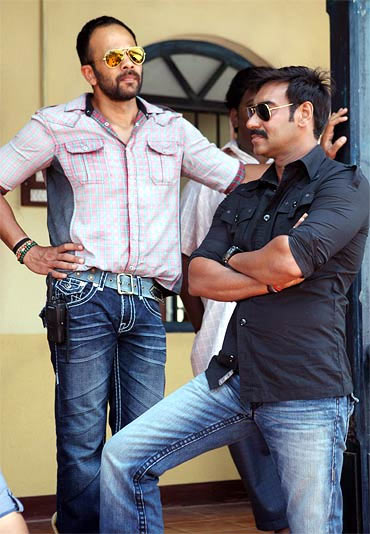 Rohit Shetty and Ajay Devgn on the sets of Singham
