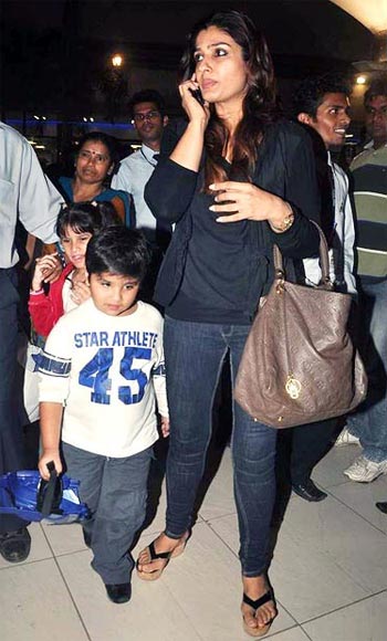 Raveena Tandon with son Ranbir (foreground) and daughter Rasha