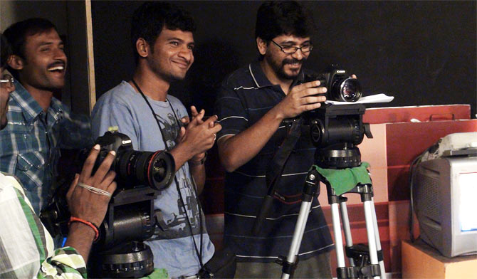 Director Pawan Kumar and Siddhartha Nuni on the sets of Lucia