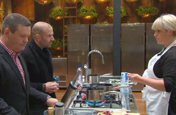 Gary Mehigan and George Calombaris with a contestant