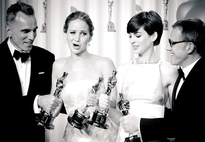 Jennifer Lawrence with fellow OScar winners Daniel Day Lewis, Anne Hathaway and Christoph Waltz