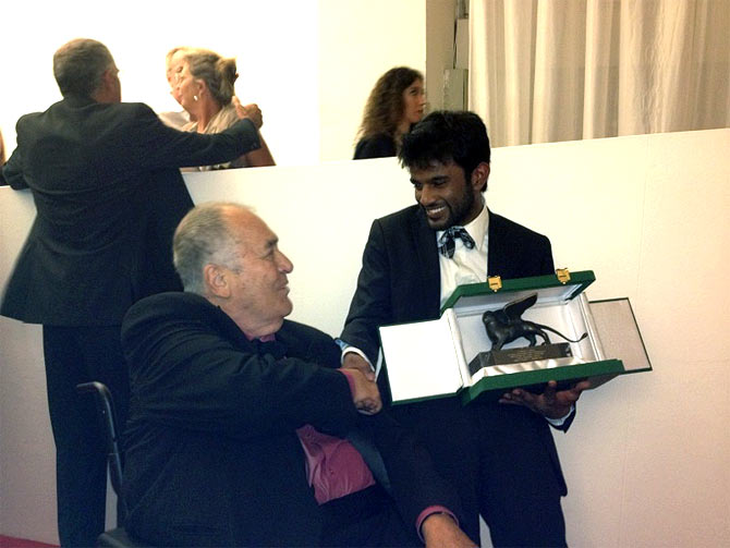Bernardo Bertolucci with Shubhashish Bhutiani at Venice Film Festival