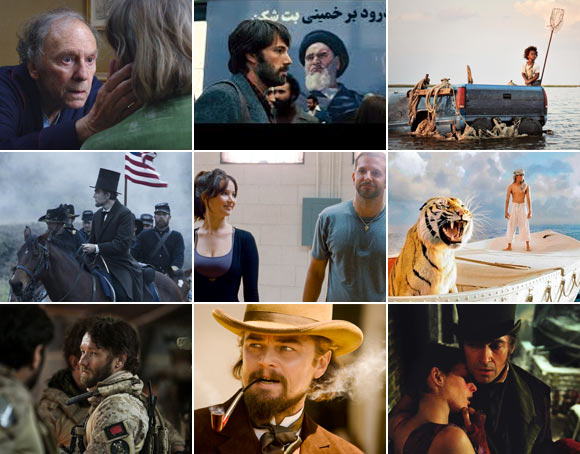 Scenes from Armour, Argo, Beasts Of The Southern Wild, Lincoln, Silver Linings Playbook, Life Of Pi, Zero Dark Thirty, Django Unchained and Les Miserables