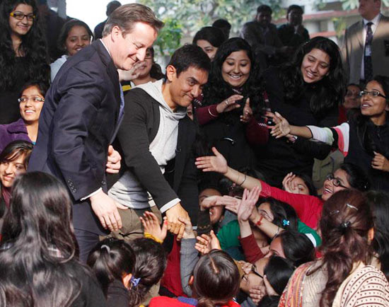 Aamir Khan and David Cameron greet the students