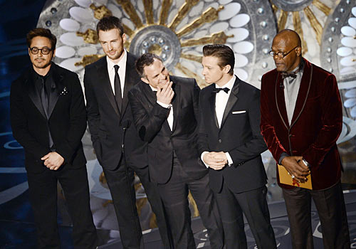 Left to right: Robert Downey Jr, Chris Evans, Mark Ruffalo, Jeremy Renner and Samuel L Jackson