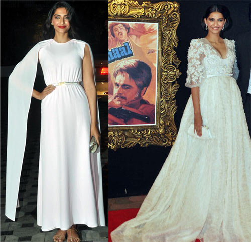Left to right: Sonam Kapoor at Imran Khan's housewarming party and at the premiere of Jab Tak Hai Jaan