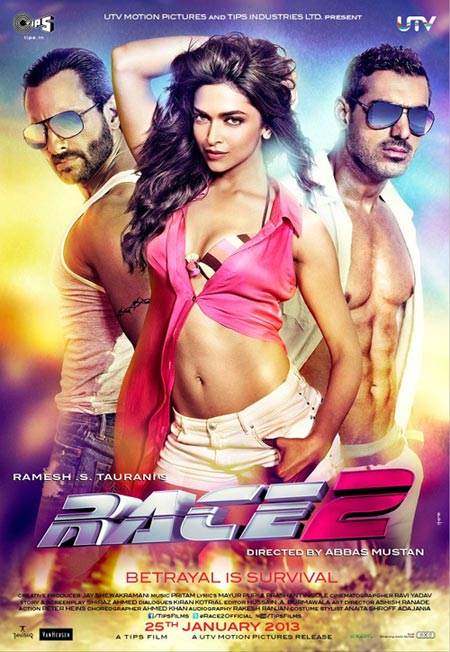 Deepika Padukone with Saif Ali Khan and John Abraham on the poster of Race 2