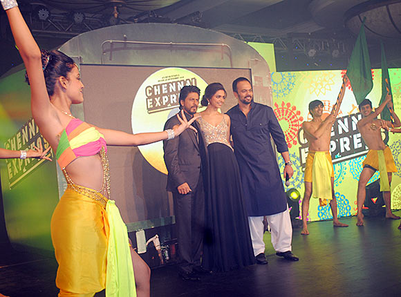 Shah Rukh Khan, Deepika Padukone and Rohit Shetty at the music launch of Chennai Express 